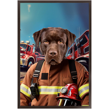 Load image into Gallery viewer, HOT STUFF - Fireman Inspired Custom Pet Portrait Framed Satin Paper Print