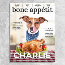 Load image into Gallery viewer, Bone Appetit Magazine Cover Featuring a Dog with imaginary article titles- Personalized Gift for Dog Owners