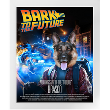 Load image into Gallery viewer, BARK TO THE FUTURE Movie Poster - Scarface Inspired Custom Pet Portrait Framed Satin Paper Print