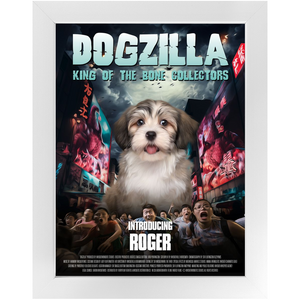 DOGZILLA Movie Poster - Godzilla Inspired Custom Pet Portrait Framed Satin Paper Print
