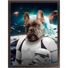 Load image into Gallery viewer, STORM BLOOPER IN SPACE - Storm Trooper &amp; Star Wars Inspired Custom Pet Portrait Framed Satin Paper Print