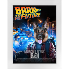 Load image into Gallery viewer, BARK TO THE FUTURE Movie Poster - Scarface Inspired Custom Pet Portrait Framed Satin Paper Print