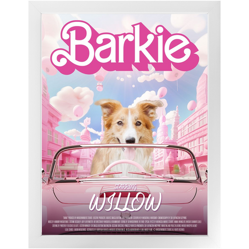 Barkie Movie Poster - Barbie Inspired Custom Pet Portrait Framed Satin Paper Print