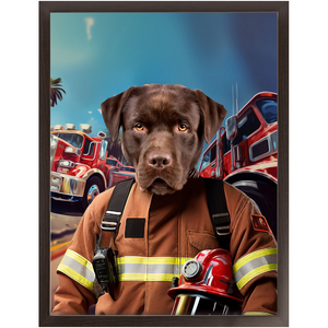 HOT STUFF - Fireman Inspired Custom Pet Portrait Framed Satin Paper Print
