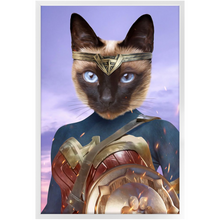 Load image into Gallery viewer, Wonder Wotsup - Wonder Woman, Superhero Inspired Custom Pet Portrait Framed Satin Paper Print