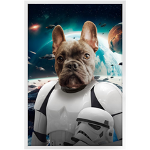 Load image into Gallery viewer, STORM BLOOPER IN SPACE - Storm Trooper &amp; Star Wars Inspired Custom Pet Portrait Framed Satin Paper Print