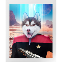 Load image into Gallery viewer, CAPTAIN RUNAWAY - BEAMING DOWN - Star Trek Inspired Custom Pet Portrait Framed Satin Paper Print