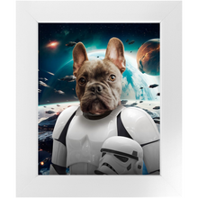 Load image into Gallery viewer, STORM BLOOPER IN SPACE - Storm Trooper &amp; Star Wars Inspired Custom Pet Portrait Framed Satin Paper Print