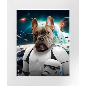 STORM BLOOPER IN SPACE - Storm Trooper & Star Wars Inspired Custom Pet Portrait Framed Satin Paper Print