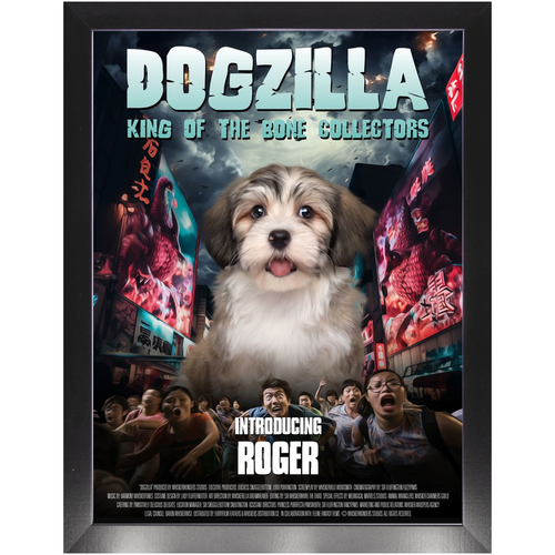 DOGZILLA Movie Poster - Godzilla Inspired Custom Pet Portrait Framed Satin Paper Print