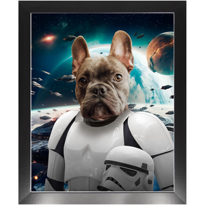 STORM BLOOPER IN SPACE - Storm Trooper & Star Wars Inspired Custom Pet Portrait Framed Satin Paper Print