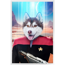 Load image into Gallery viewer, CAPTAIN RUNAWAY - BEAMING DOWN - Star Trek Inspired Custom Pet Portrait Framed Satin Paper Print