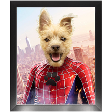 Load image into Gallery viewer, Spider Mutt - Spiderman Superhero Inspired Custom Pet Portrait Framed Satin Paper Print