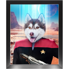 Load image into Gallery viewer, CAPTAIN RUNAWAY - BEAMING DOWN - Star Trek Inspired Custom Pet Portrait Framed Satin Paper Print