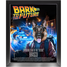 Load image into Gallery viewer, BARK TO THE FUTURE Movie Poster - Scarface Inspired Custom Pet Portrait Framed Satin Paper Print