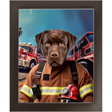 Load image into Gallery viewer, HOT STUFF - Fireman Inspired Custom Pet Portrait Framed Satin Paper Print