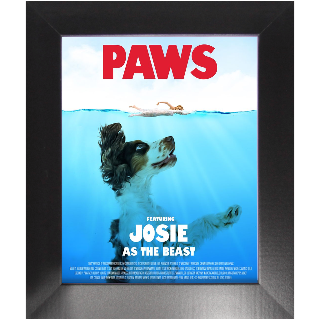 PAWS Movie Poster - Jaws Inspired Custom Pet Portrait Framed Satin Paper Print