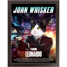 Load image into Gallery viewer, JOHN WHISKER Movie Poster - John Wick Inspired Custom Pet Portrait Framed Satin Paper Print