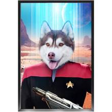 Load image into Gallery viewer, CAPTAIN RUNAWAY - BEAMING DOWN - Star Trek Inspired Custom Pet Portrait Framed Satin Paper Print