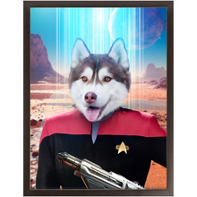 Load image into Gallery viewer, CAPTAIN RUNAWAY - BEAMING DOWN - Star Trek Inspired Custom Pet Portrait Framed Satin Paper Print