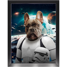 Load image into Gallery viewer, STORM BLOOPER IN SPACE - Storm Trooper &amp; Star Wars Inspired Custom Pet Portrait Framed Satin Paper Print
