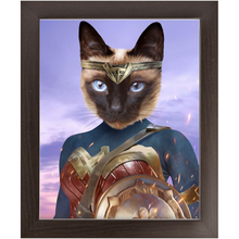 Load image into Gallery viewer, Wonder Wotsup - Wonder Woman, Superhero Inspired Custom Pet Portrait Framed Satin Paper Print