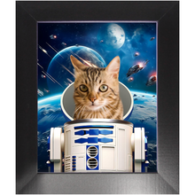 Load image into Gallery viewer, R.2.D.TOO IN SPACE - R2D2 &amp; Star Wars Inspired Custom Pet Portrait Framed Satin Paper Print