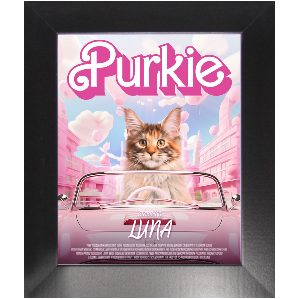 PURKIE Movie Poster - Barbie Inspired Custom Pet Portrait Framed Satin Paper Print