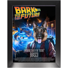 Load image into Gallery viewer, BARK TO THE FUTURE Movie Poster - Scarface Inspired Custom Pet Portrait Framed Satin Paper Print