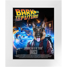 Load image into Gallery viewer, BARK TO THE FUTURE Movie Poster - Scarface Inspired Custom Pet Portrait Framed Satin Paper Print