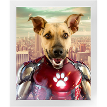 Load image into Gallery viewer, Iron Mutt - Iron Man Superhero Inspired Custom Pet Portrait Framed Satin Paper Print