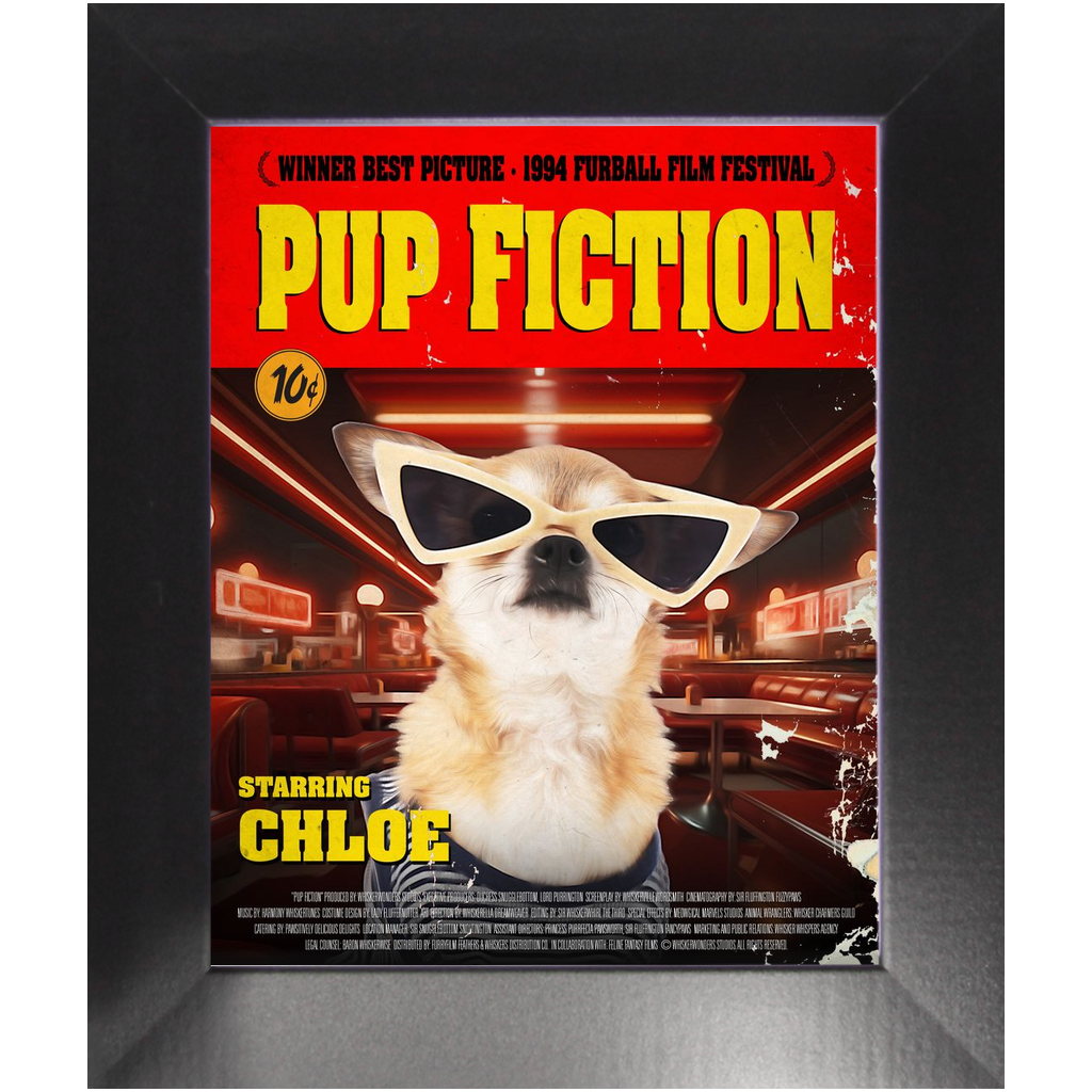 PUP FICTION Movie Poster - Pulp Fiction Inspired Custom Pet Portrait Framed Satin Paper Print
