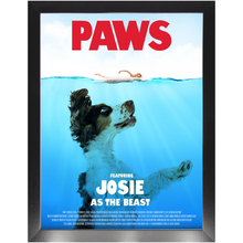 Load image into Gallery viewer, PAWS Movie Poster - Jaws Inspired Custom Pet Portrait Framed Satin Paper Print