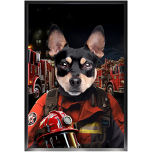 Load image into Gallery viewer, ON FIRE - Firefighter Inspired Custom Pet Portrait Framed Satin Paper Print
