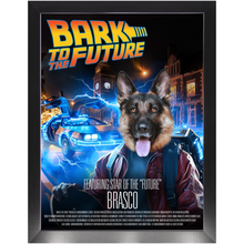 Load image into Gallery viewer, BARK TO THE FUTURE Movie Poster - Scarface Inspired Custom Pet Portrait Framed Satin Paper Print