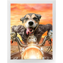 Load image into Gallery viewer, Squeezy Rider - Easy Rider &amp; Motorcycle Inspired Custom Pet Portrait Framed Satin Paper Print