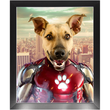 Load image into Gallery viewer, Iron Mutt - Iron Man Superhero Inspired Custom Pet Portrait Framed Satin Paper Print