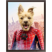 Load image into Gallery viewer, Spider Mutt - Spiderman Superhero Inspired Custom Pet Portrait Framed Satin Paper Print