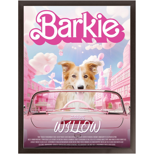 Barkie Movie Poster - Barbie Inspired Custom Pet Portrait Framed Satin Paper Print