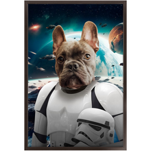 Load image into Gallery viewer, STORM BLOOPER IN SPACE - Storm Trooper &amp; Star Wars Inspired Custom Pet Portrait Framed Satin Paper Print