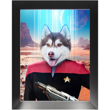 Load image into Gallery viewer, CAPTAIN RUNAWAY - BEAMING DOWN - Star Trek Inspired Custom Pet Portrait Framed Satin Paper Print
