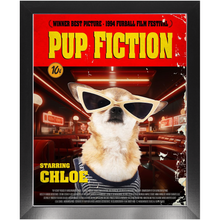 Load image into Gallery viewer, PUP FICTION Movie Poster - Pulp Fiction Inspired Custom Pet Portrait Framed Satin Paper Print