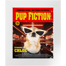 Load image into Gallery viewer, PUP FICTION Movie Poster - Pulp Fiction Inspired Custom Pet Portrait Framed Satin Paper Print