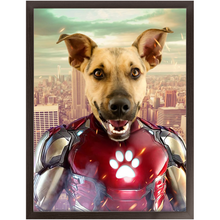 Load image into Gallery viewer, Iron Mutt - Iron Man Superhero Inspired Custom Pet Portrait Framed Satin Paper Print