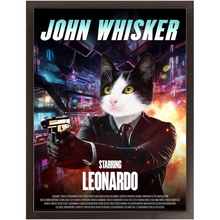 Load image into Gallery viewer, JOHN WHISKER Movie Poster - John Wick Inspired Custom Pet Portrait Framed Satin Paper Print