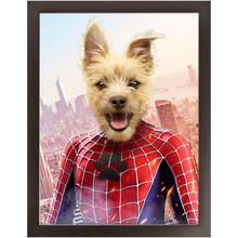 Load image into Gallery viewer, Spider Mutt - Spiderman Superhero Inspired Custom Pet Portrait Framed Satin Paper Print