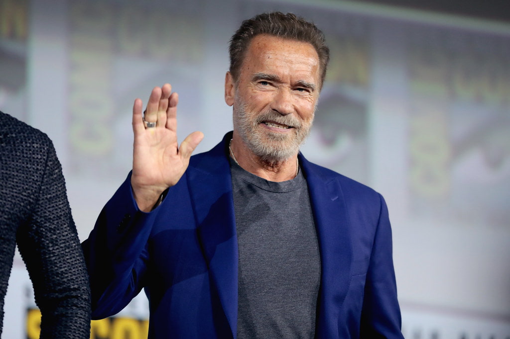Arnold Schwarzenegger at the Comic-Con event, wearing a dark blue suit with a grey t-shirt beneath