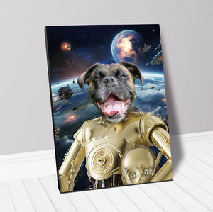 dog portrait in gold star wars costume inspired by c3p0 with background of space ships in space