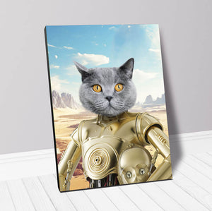 cat portrait in golden star wars costume inspired by c3p0
