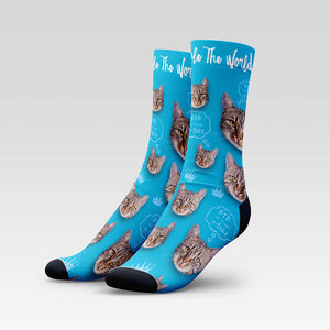 "Cats Rule The World" Custom Cat Socks With Your Kitty's Face